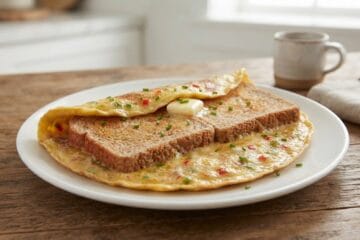 A delicious and healthy breakfast plate featuring a golden-brown egg and vegetable omelet folded over crispy whole wheat toast, served on a white plate with a cup of tea on the side."