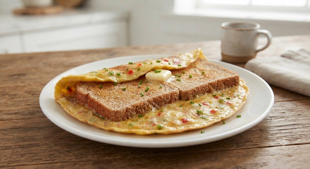 A delicious and healthy breakfast plate featuring a golden-brown egg and vegetable omelet folded over crispy whole wheat toast, served on a white plate with a cup of tea on the side."
