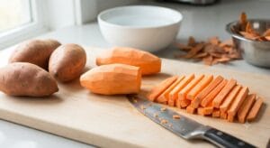 Golden brown and Crispy Air Fryer Sweet Potato Fries served hot in a rustic bowl with a side of creamy dipping sauce, garnished with chives on a clean kitchen counter