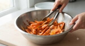 A cook's hands using silver metal tongs to toss raw, uniform Crispy Air Fryer Sweet Potato Fries coated in olive oil and spices within a large stainless steel bowl, preparing them for cooking.