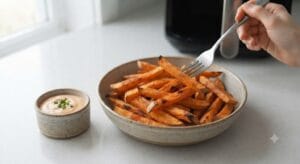 Golden brown and Crispy Air Fryer Sweet Potato Fries served hot in a rustic bowl with a side of creamy dipping sauce, garnished with chives on a clean kitchen counter."