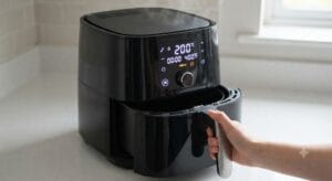 A modern black digital Crispy Air Fryer Sweet Potato Fries appliance sits on a clean kitchen counter, its preheat setting clearly displaying 200°C (400°F) on the LED screen