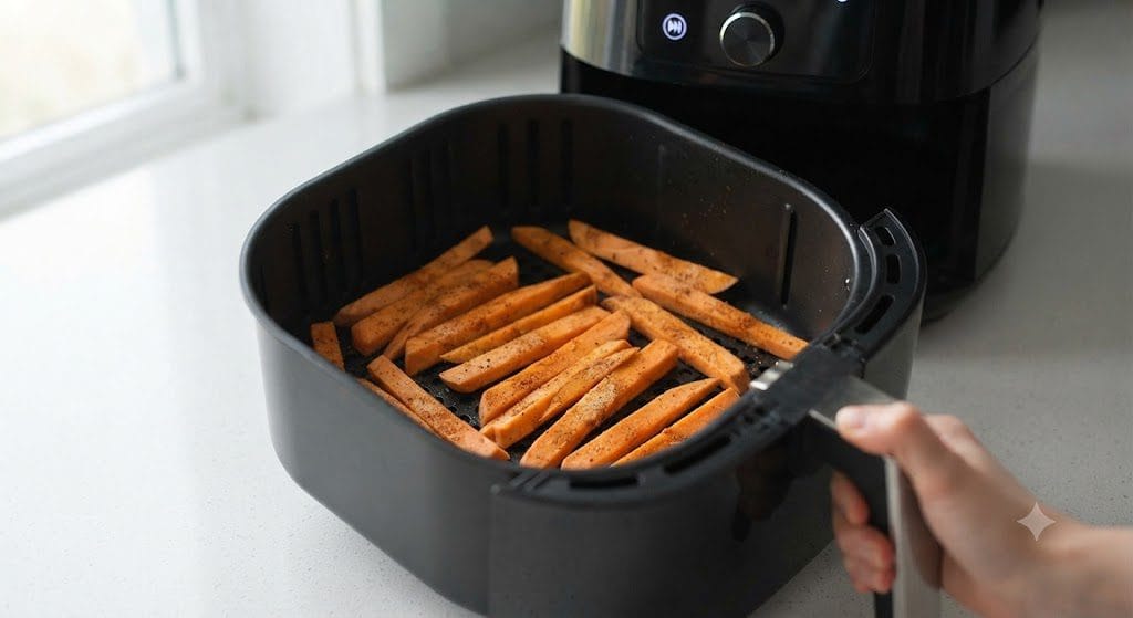 A close-up of raw potato sticks arranged in a single, even layer inside an air fryer basket, ready to cook into delicious Crispy Air Fryer Sweet Potato Fries.