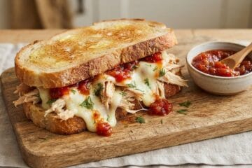 Cheesy Chicken Sandwich with chili chutney and melted cheese pull