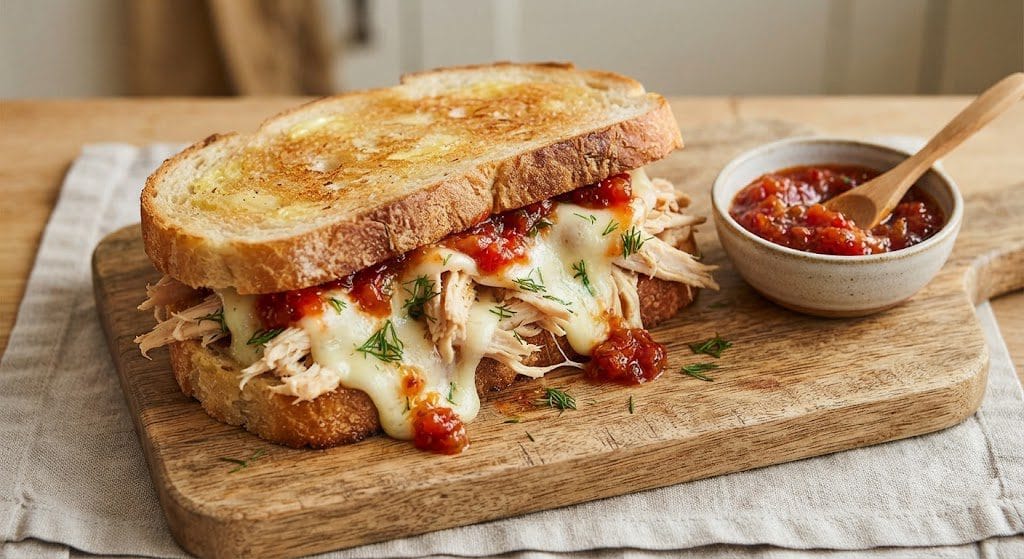 Cheesy Chicken Sandwich with chili chutney and melted cheese pull
