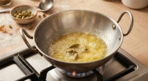 Homemade Halwa Puri Recipe Halwa banane ke liye ghee garam karke elaichi ka tarka lagate hue