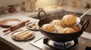 Homemade Halwa Puri Recipe ke liye pairay bana kar puri ko garam tel mein fry karne ka marhala