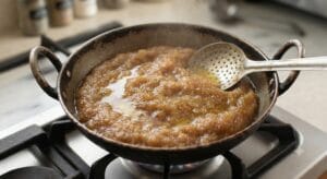 Halwa mein shira shamil karne ke baad halki aanch par ghee nikalne tak pakate hue