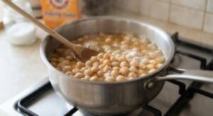 Boiling white chickpeas with baking soda and salt in a pot until tender for the Lahori Chana Recipe.