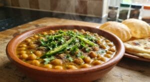 Garnish generously with fresh coriander and mint, then add a handful of crunchy papri just before serving your delicious homemade Pakistani Chana Chaat.