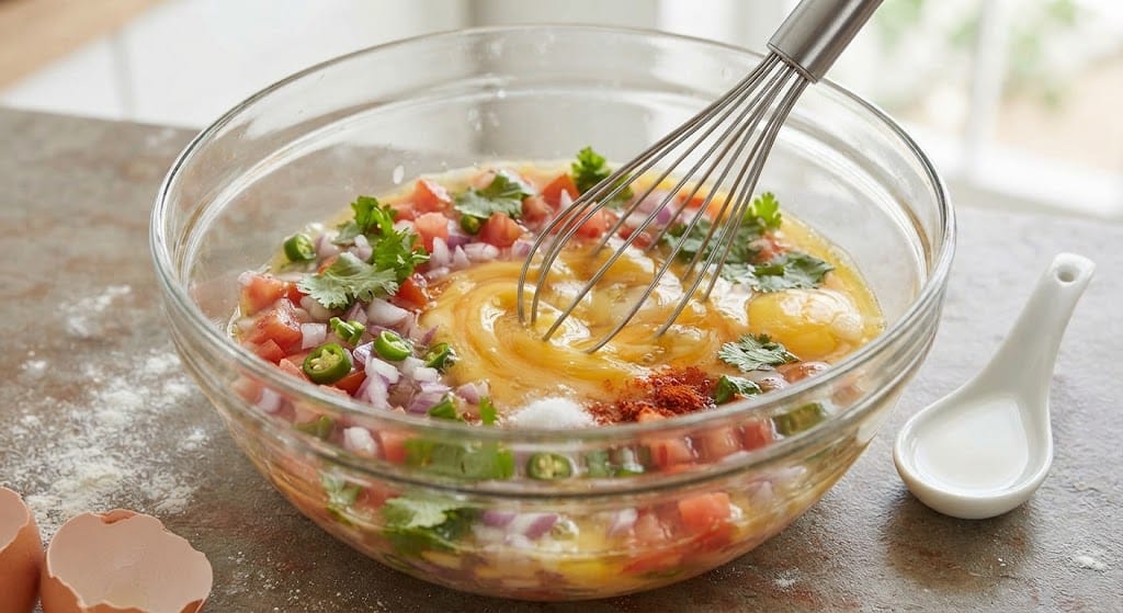 Mixing eggs and vegetables in a bowl