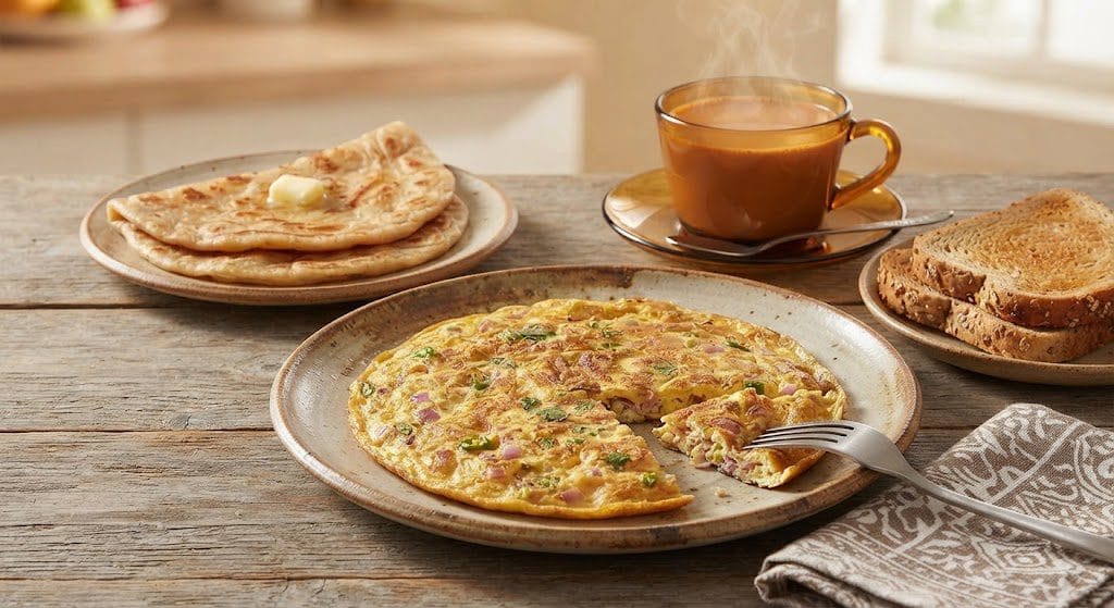 Masala Omelette Recipe for breakfast. A golden-brown Masala Omelette, rich with onion, tomato, and spices, is served on an artisanal plate. A fork has just cut a slice, revealing the tender interior. In the background, there's a steaming cup of masala chai and a side of toasted multigrain bread. The whole breakfast scene is on a rustic wooden table.