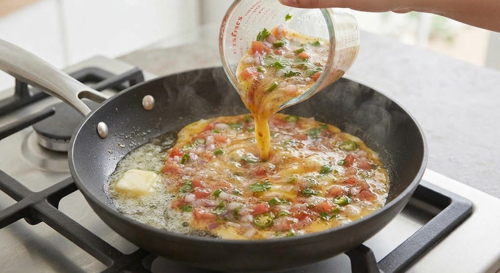 Pouring egg mixture into a hot pan
