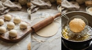 Freshly rolled dough balls being fried into puffed puris in hot oil for the Homemade Halwa Puri Recipe.