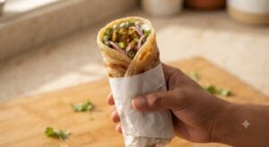 A tightly rolled Shami Kabab Paratha Roll wrapped in butter paper, ready to eat.