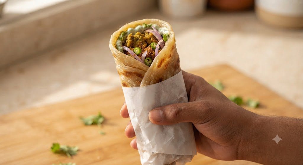 A tightly rolled Shami Kabab Paratha Roll wrapped in butter paper, ready to eat.