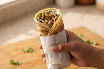 Shami Kabab Paratha Roll ko tight roll karke uske nichlay hissay ko butter paper mein lapeta ja raha hai.