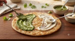 A golden-brown, crispy paratha being toasted on a tawa for a delicious Shami Kabab Paratha Roll