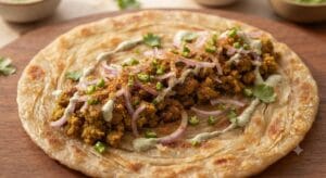 A delicious Shami Kabab Paratha Roll filled with mashed kababs, sliced onions, green chillies, and chaat masala.