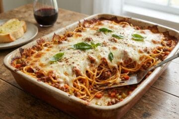 Delicious Easy Baked Spaghetti with rich Bolognese sauce, melted mozzarella, and fresh basil garnish in a ceramic dish on a rustic wooden table.