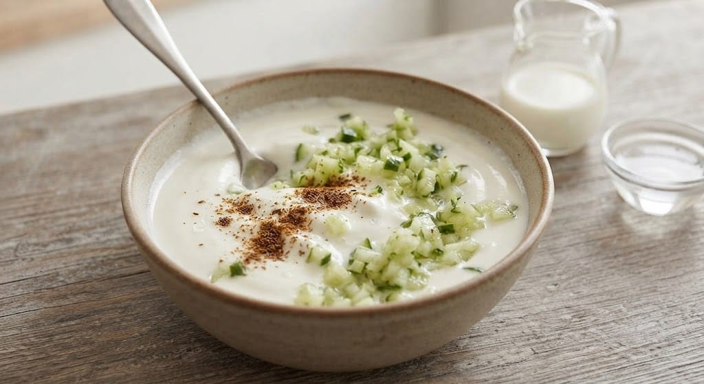 Adding Cucumber to Yogurt with roasted cumin powder for Cucumber Yogurt Dip
