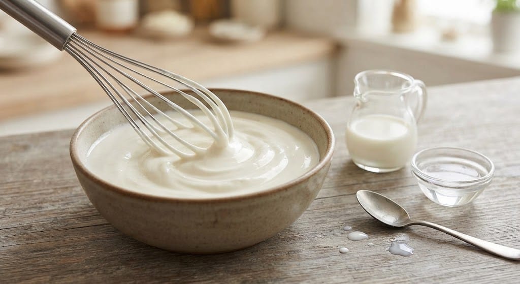 Close-up shot of a whisk stirring smooth plain Greek yogurt in a ceramic bowl for Cucumber Yogurt Dip