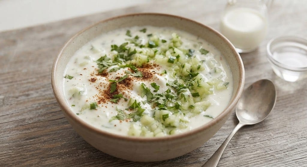 Raita Recipe Garnish Chilled Yogurt Dip Refreshing Raita Serving Suggestion Cucumber Yogurt Dip with Cilantro and Cumin