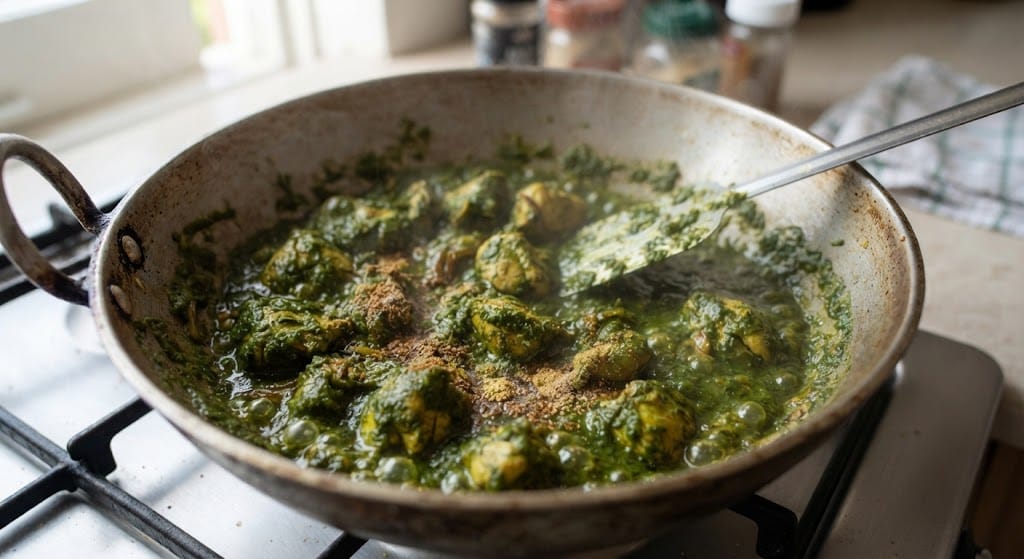 A close-up shot of Hara Masala Chicken Recipe simmering in a traditional metal karhai, showing cooked chicken pieces fully coated in a rich, bubbling, deep emerald-green coriander and mint gravy