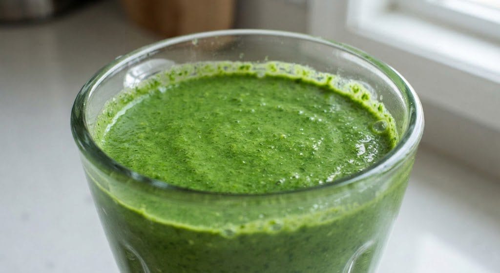 Blender filled with smooth green paste made of fresh coriander, mint, and green chilies for Hara Masala Chicken Recipe