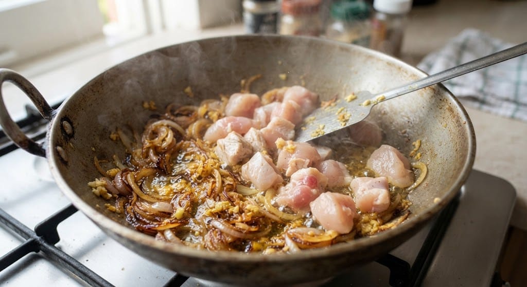 A traditional metal karhai on a gas stove contains sizzling golden-brown fried onions, ginger-garlic paste, and pieces of raw chicken turning white, as they are stirred with a spatula for Hara Masala Chicken Recipe