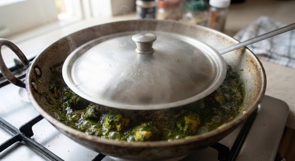 A traditional metal karhai on a gas stove, containing Hara Masala Chicken Recipe covered with a lid, with steam gently rising, indicating the simmering process