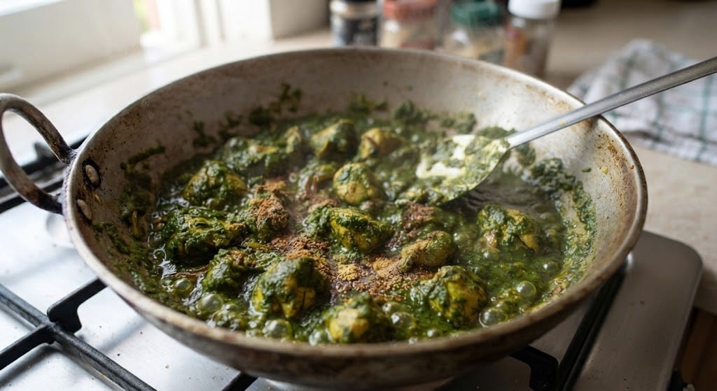 A close-up shot of Hara Masala Chicken Recipe in a metal karhai, with freshly sprinkled garam masala powder being gently mixed into the rich green gravy on a gas stove