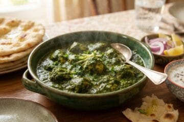 A close-up photograph of the final Hara Masala Chicken dish, served hot in a rustic ceramic bowl on a wooden table, garnished with fresh coriander and green chili, with naan bread, raita, and sliced onions on the side, representing a complete Desi Style Hara Masala Chicken Recipe meal."