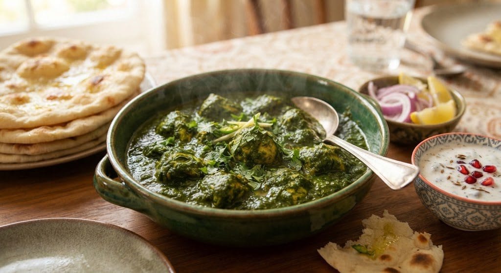 A close-up photograph of the final Hara Masala Chicken dish, served hot in a rustic ceramic bowl on a wooden table, garnished with fresh coriander and green chili, with naan bread, raita, and sliced onions on the side, representing a complete Desi Style Hara Masala Chicken Recipe meal."
