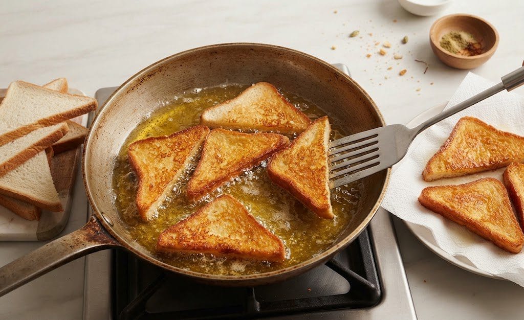 Classic Shahi Tukray Recipe shallow frying bread slices in ghee until golden and crispy