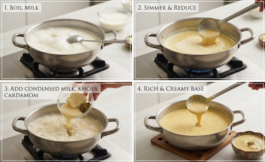Classic Shahi Tukray Recipe preparing rich rabri by boiling and reducing milk in a pan