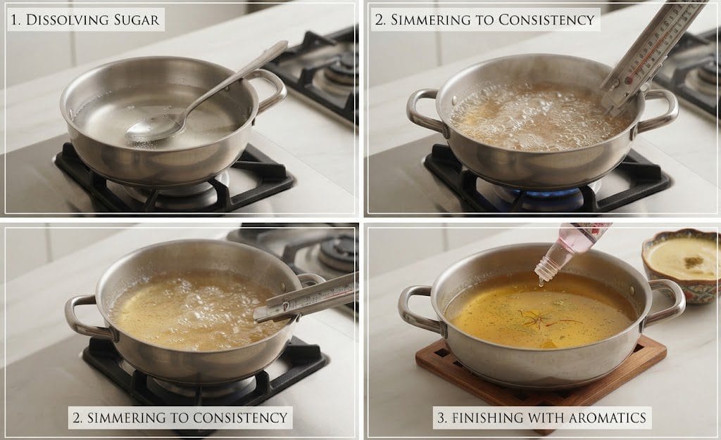Classic Shahi Tukray Recipe sugar syrup simmering on stovetop with saffron and cardamom