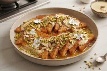 Classic Shahi Tukray Recipe final serving garnished with creamy rabri, chopped almonds, pistachios, and silver leaf in a dish