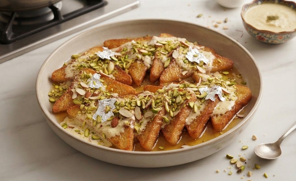 Classic Shahi Tukray Recipe final serving garnished with creamy rabri, chopped almonds, pistachios, and silver leaf in a dish