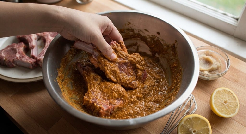 Coating mutton chops with masala