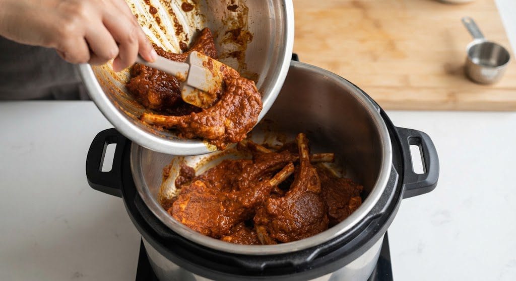 Transferring marinated mutton chops into a pressure cooker