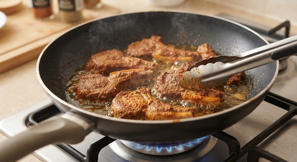 Frying boiled mutton chops until golden brown