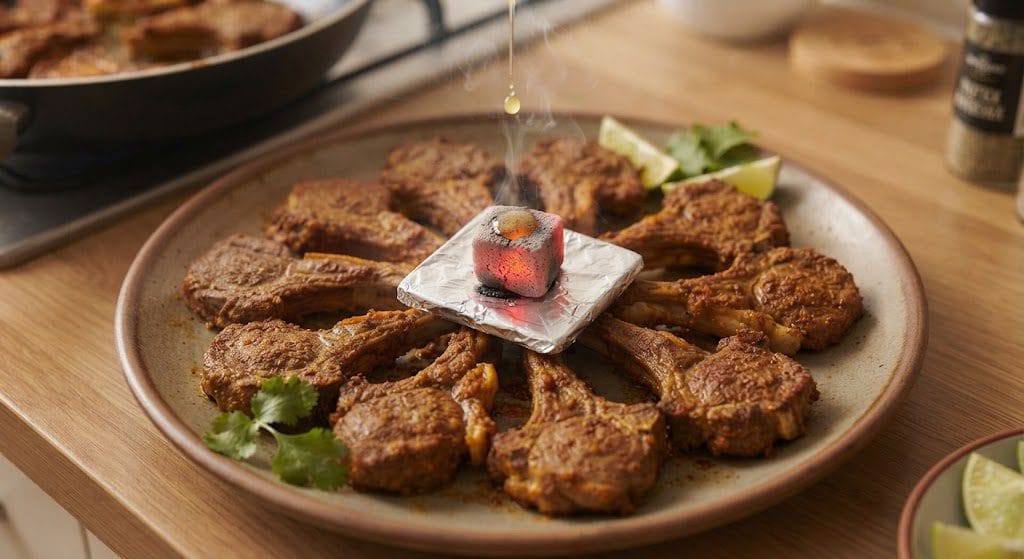 Infusing Mutton Steam Chops with coal smoke (barbecue flavor) using hot coal, foil, and oil for a restaurant-style taste
