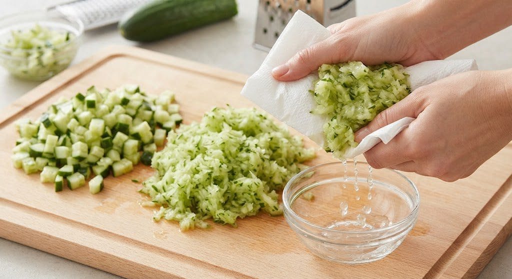 Hands squeezing excess water from grated cucumber for Cucumber Yogurt Dip recipe