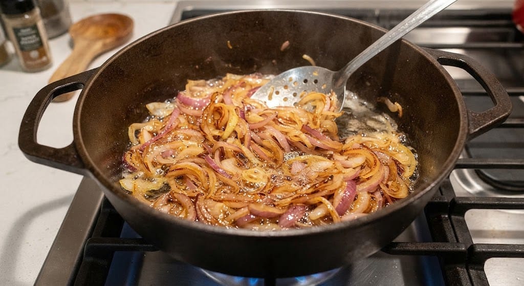 Frying onions for Afghan Kabuli Pulao Recipe