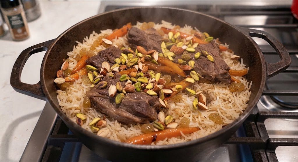 A final serving presentation of Afghan Kabuli Pulao in a cast-iron pot featuring fluffy rice topped with tender mutton pieces, caramelized carrots, raisins, and garnished with toasted almonds and pistachios.