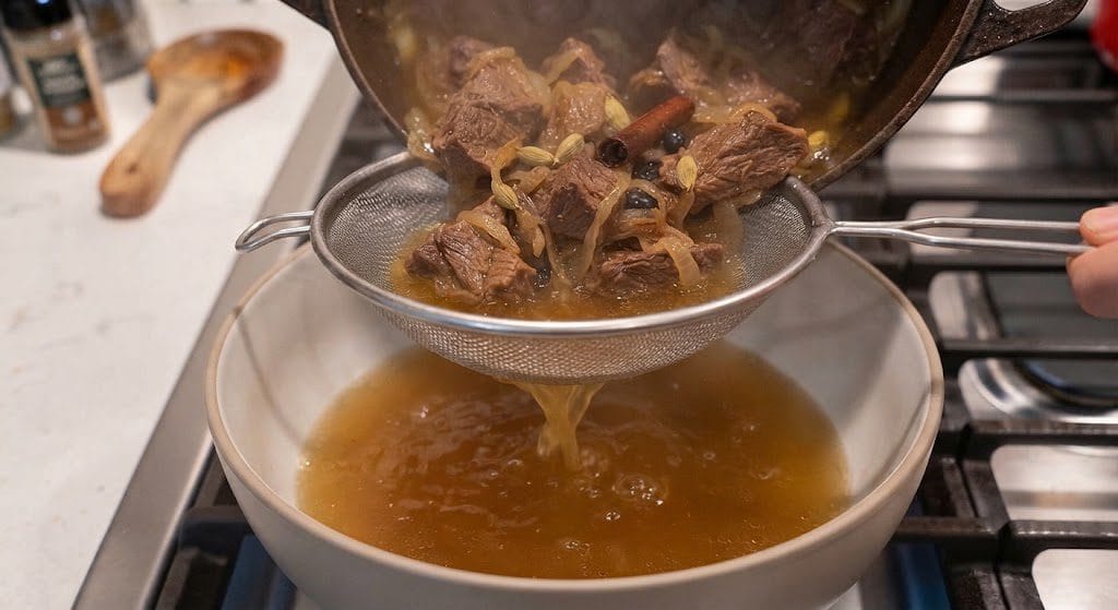 Straining meat broth for Afghan Kabuli Pulao Recipe