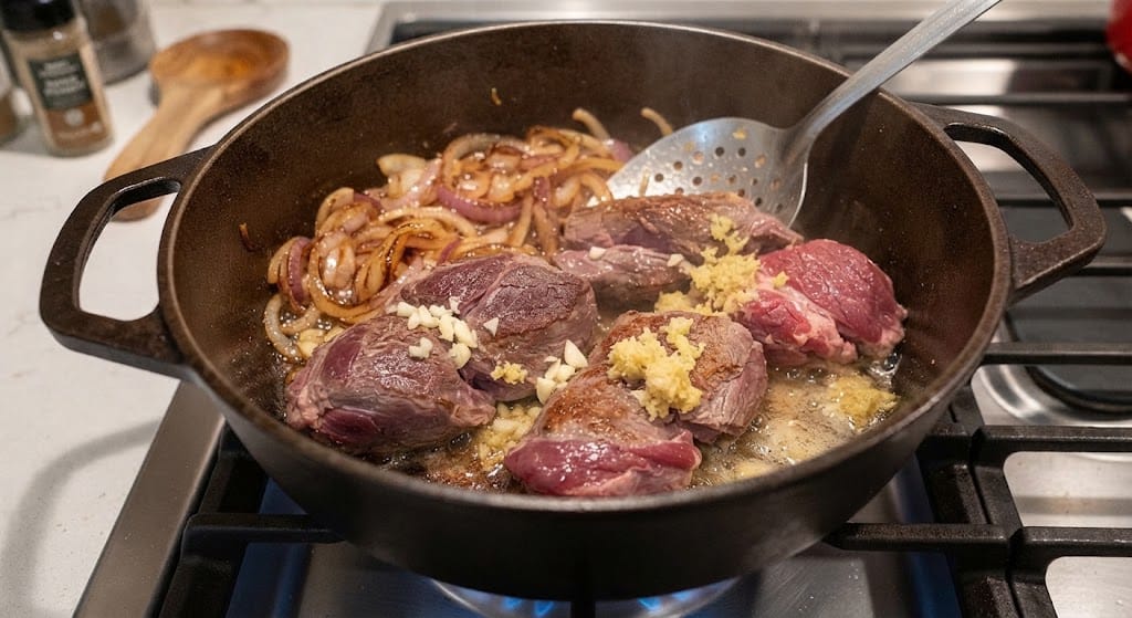 Searing meat for Afghan Kabuli Pulao Recipe