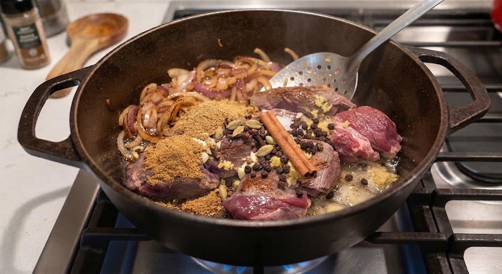 Adding spices for Afghan Kabuli Pulao Recipe