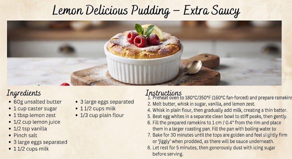 Lemon Delicious Pudding in a white ramekin dusted with icing sugar